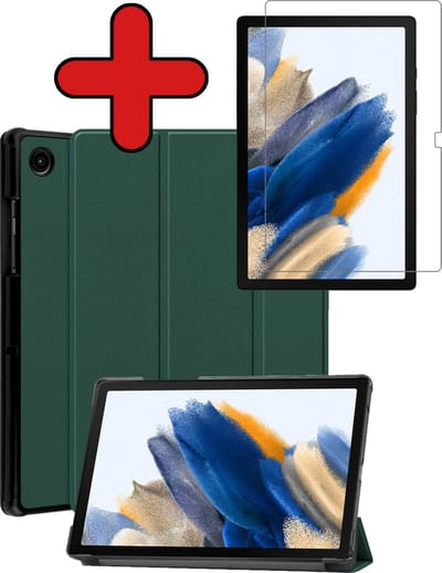 Hoesje - Geschikt voor Samsung Galaxy Tab A8 - Met Screenprotector - Hardcover Book Case - Trifold Bookcase Hoes - Hard Cover - Tablethoes - Donkergroen