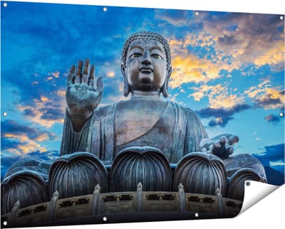 Gards Tuinposter Boeddha Beeld bij een Tempel - 150x100 cm - Tuindoek - Tuindecoratie - Wanddecoratie buiten - Tuinschilderij