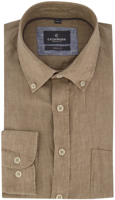 100% linnen overhemd casual fit Casa Moda bruin lange mouw witte knoop
