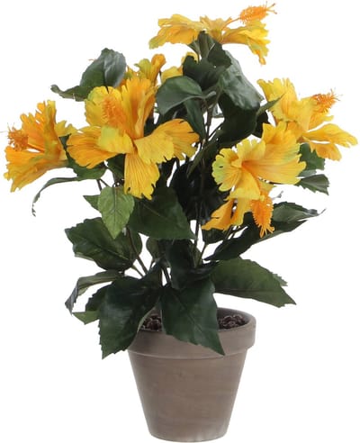 Mica Decorations Kunstplant Hibiscus - geel - H40 x D30 cm - grijze pot - Kunstplanten/nepplanten met bloemen
