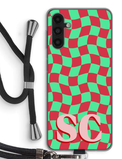Gepersonaliseerd - Case Company® - Hoesje met koord geschikt voor Samsung Galaxy A04s hoesje met Koord - Grid Monogram - Telefoonhoesje met Zwart Koord - Bescherming aan alle Kanten en Over de Schermrand
