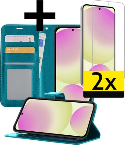 Hoesje - Met 2x Screenprotector - Geschikt voor Samsung Galaxy S24 FE - Luxe Pasjeshouder - Bookcase Portemonee - Flip Case - Kunstleer Book Case - Flipcase Hoes - Book Cover - Walletcase - Portemonneehoes - Telefoonhoesjes - Turquoise
