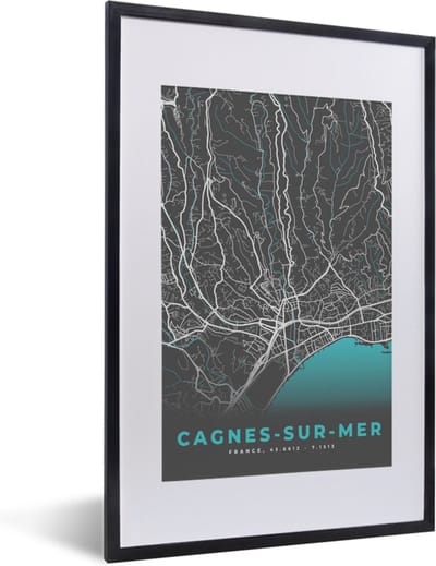 Fotolijst incl. Poster - Plattegrond - Kaart - Cagnes-sur-Mer - Stadskaart - Frankrijk - 40x60 cm - Posterlijst