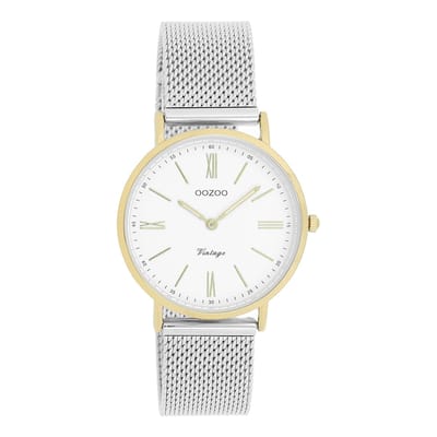 OOZOO Timepieces - Goudkleurige horloge met zilverkleurige metalen mesh armband - C20123