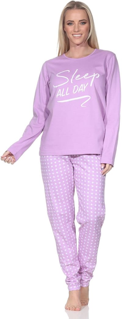 Normann damespyjama met lange mouwen, geruite pyjamabroek en print op de voorkant