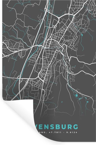 Muurstickers - Sticker Folie - Plattegrond – Ravensburg – Blauw – Stadskaart – Kaart - Duitsland - 20x30 cm - Plakfolie - Muurstickers Kinderkamer - Zelfklevend Behang - Zelfklevend behangpapier - Stickerfolie