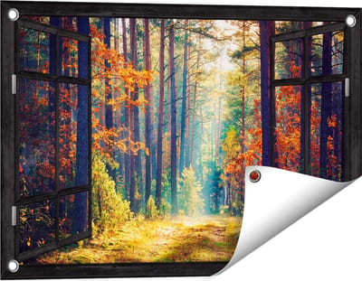 Gards Tuinposter Doorkijk Herfstbos met Zonneschijn - Kleur - 60x40 cm - Tuindoek - Tuindecoratie - Wanddecoratie buiten - Tuinschilderij