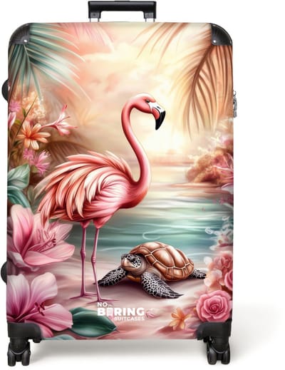 NoBoringSuitcases.com® - Koffer groot - Reiskoffer lichtgewicht - Flamingo en schildpad op een roze strand. - Rolkoffer met 4 wielen - Grote trolley XL - 98 liter bagage