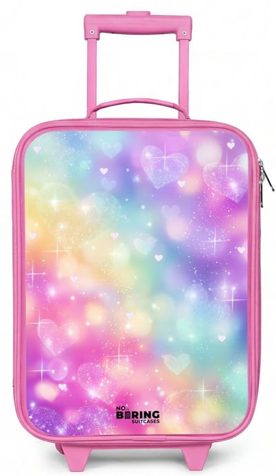 NoBoringSuitcases.com® - Kinderkoffer roze - Kindertrolley meisje - Licht - Regenboog - Hartjes - Koffer kind lichtgewicht - Reiskoffer trolley voor kinderen - Koffertje met lichtgevende wieltjes - Rolkoffer