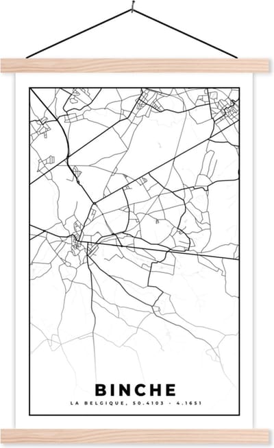 Posterhanger incl. Poster 40x60 cm - Schoolplaat - Plattegrond – Binche – Zwart Wit – Stadskaart - Kaart - België - Textielposter - Blanke latten - Stadskaart