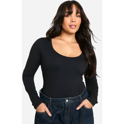 Dames Boohoo Basics Plus Katoenen Bodysuit met Scoop Neck en Lange Mouwen | Zwart | Maat: 44