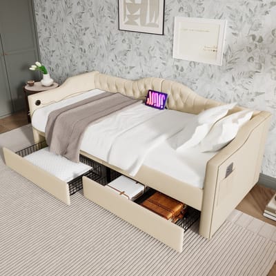VVBV Slaapbank 90x200 cm - 2 Lades, USB-C Laadstation, Opbergruimte, Afstandsbediening - Fluweel Beige Zonder Matras