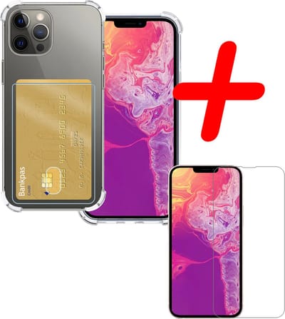 Hoesje Geschikt voor Apple iPhone 14 Pro - Met Screenprotector - En Pashouder - En Kaarthouder - Telefoon Hoes Shockproof - Siliconen Case - Back Cover - Shock Proof - Pasjes Houder - Transparant