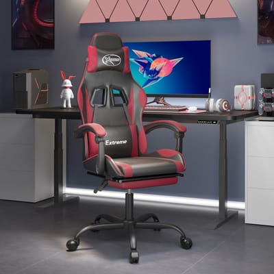 vidaXL - Gamestoel - draaibaar - met - voetensteun - kunstleer - zwart - en - wijnrood