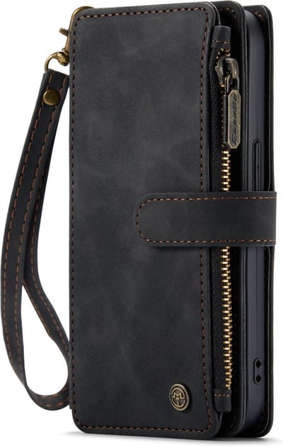 Casemania Hoesje Geschikt voor Apple iPhone 14 - Charcoal Gray - Luxe Portemonnee Book Case met Rits