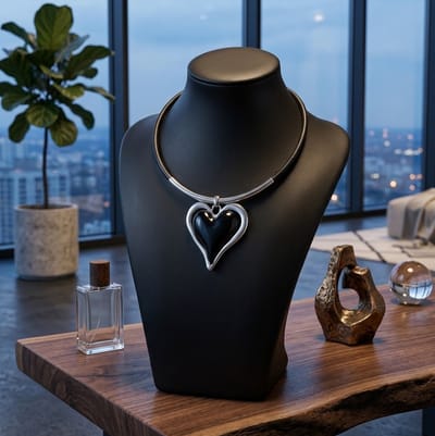 Zilverkleurige choker ketting met zwart hartvormige hanger – ketting voor dames – modern ontwerp – statement ketting