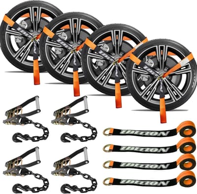 Autospanbanden 4-pack voor aanhangwagens met zware kettingankers - Verstelbare wielriemen 5 x 244 cm - Veilig tot 1,5 kg belastbaarheid - Oranje