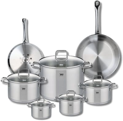 Set van 2 Koekenpannen 24 en 28 cm en 5 kookpotten 12, 14, 16, 20 en 26 cm Elo Profi Citrin