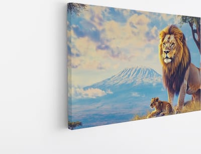 Saammp Canvas Schilderij - Leeuw met welp en kilimanjaro - Dieren - Abstract - 45x30 - Foto op canvas - Wanddecoratie - Muurdecoratie Woonkamer - Slaapkamer decoratie - Canvas Print
