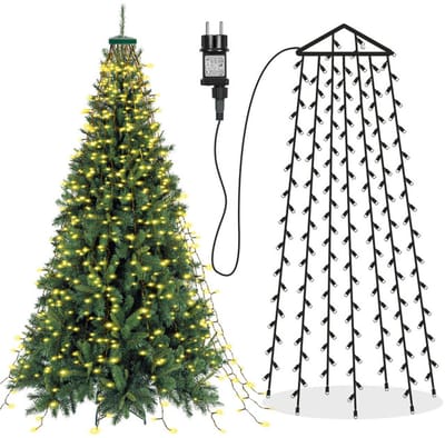 MUPOO Kerstboom Verlichting met Ring – LED Lichtketting & Lichtslinger Waterfall Warm Wit – 8 Modi met Timer – Zonder Ster Topper – IP44 Binnen & Buiten Kerstboomverlichting voor Boom & Raamdecoratie