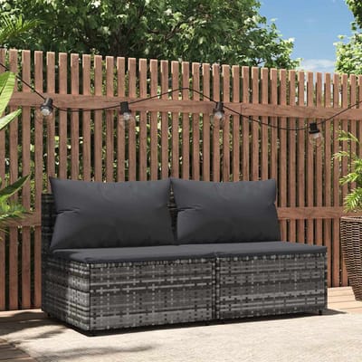 vidaXL - Tuinmiddenbank - met - kussens - 2 - st - poly - rattan - grijs