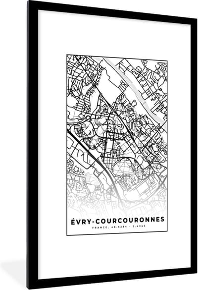 Fotolijst incl. Poster Zwart Wit- Stadskaart - Plattegrond - Évry-Courcouronnes - Kaart - Frankrijk - Zwart wit - 80x120 cm - Posterlijst