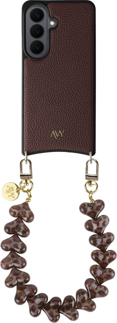 AVY Leren Hoesje Geschikt voor Samsung Galaxy S26 Plus | Compatibel met MagSafe | Leather Case met Telefoonkoord | Polsband | Chocolate | Cupid Leopard