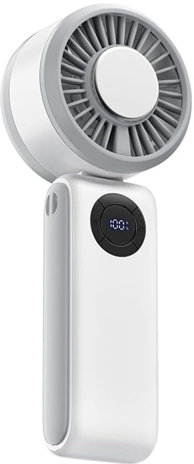 Draagbare handventilator, 3-in-1 oplaadbare persoonlijke ventilator, vijf windsnelheden, 4000mAh batterij, digitaal display, 90° inklapbaar, snelle koeling, kleine tafelventilator, geschikt voor reizen, kamperen en buitensporten - wit.