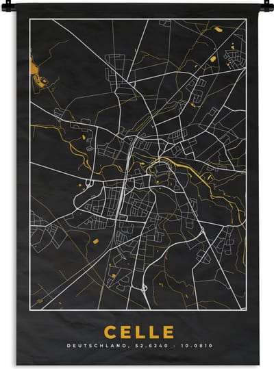 Wandkleed - Wanddoek - Duitsland – Black and Gold – Celle – Stadskaart – Kaart – Plattegrond - 120x180 cm - Wandtapijt
