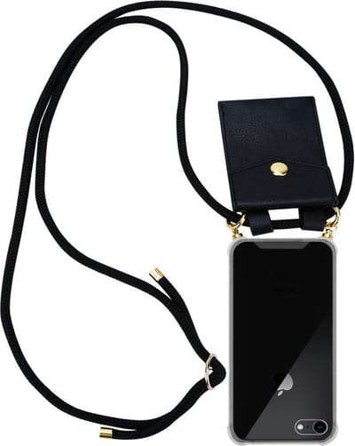 Cadorabo Hoesje geschikt voor Apple iPhone 7 / 7S / 8 / SE 2020 in ZWART - Silicone Mobiele telefoon ketting beschermhoes met gouden ringen, koordriem en afneembare etui
