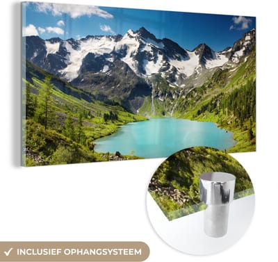 MuchoWow® Glasschilderij 40x20 cm - Schilderij acrylglas - Sneeuw - Berg - Water - Foto op glas - Schilderijen