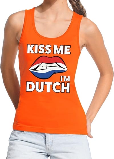 Kiss me I am Dutch tanktop / mouwloos shirt oranje dames - feest shirts dames - Holland kleding S