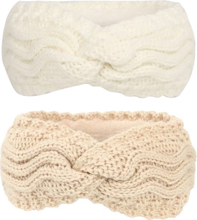2 stuks - Kabelgebreide Dames Oorwarmers - Beige en Creme - Fleece