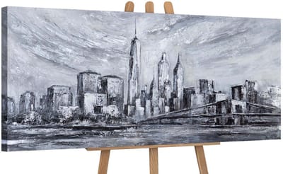 Canvas schilderij panoramisch 115x50 handgeschilderd architectuur van de tijd stad – YS-Art Gallery – Nostalgische wanddecoratie voor woonkamer – Modern schilderij voor hal