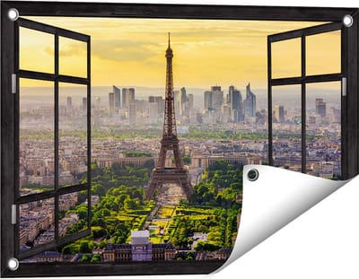 Gards Tuinposter Doorkijk Skyline van Parijs met de Eiffeltoren - 60x40 cm - Tuindoek - Tuindecoratie - Wanddecoratie buiten - Tuinschilderij