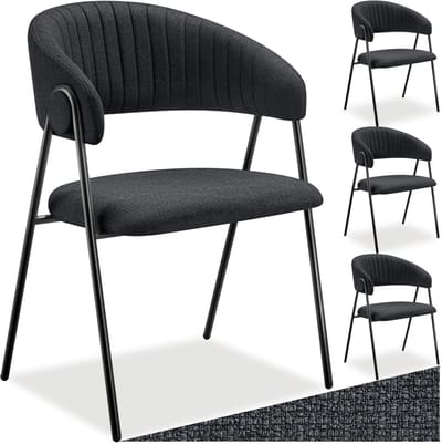 tectake® Eetkamerstoel Bedano - Gestoffeerd - Geweven stof - Set van 4 - Stijlvolle C-vormige leuning - Hoogwaardig schuim - Stabiele stalen poten - 150 kg draagkracht - Zwart