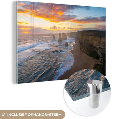 ® Glasschilderij 180x120 cm - Schilderij acrylglas - De Twaalf Apostelen bij zonsondergang - Foto op glas - Muurdecoratie woonkamer - Wanddecoratie slaapkamer - Schilderijen