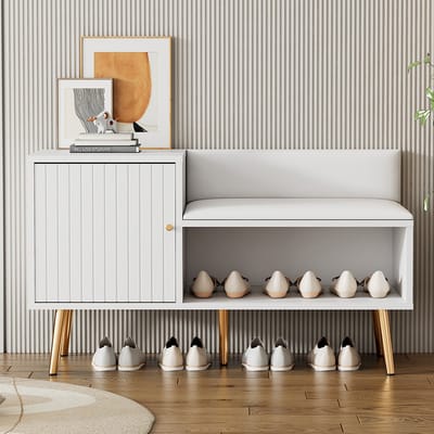 Pugsdrly Moderne en luxe schoenenbank in wit met opbergruimte, gestoffeerde zitting en rugleuning - schoenenrek met metalen handgrepen en poten - perfect voor in de hal - afmetingen: L100/D40/H58 cm