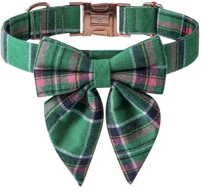 Dogs&Co Luxe Hondenhalsband met Strik - Maat S – Groen Geruit Design & Roségouden Gesp