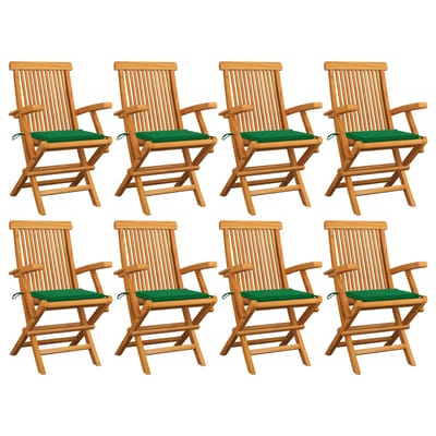 vidaXL - Opklapbare - stoelen - met - groene - kussens, - 8 - stuks, - massief - teakhout