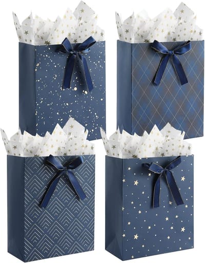 4 Pack 9" Medium Size Gift Bags Diverse Premium Blauwe Geschenkzakken met Tissue Papier Gebruik voor Verjaardagen, Baby Shower, Bruiloften, Feestgunst, Vakantie Cadeaus-7" X 4" X 9"