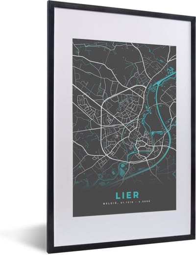 Fotolijst incl. Poster - Plattegrond – Lier – Blauw – Stadskaart - Kaart - België - 40x60 cm - Posterlijst
