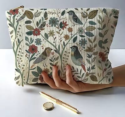 Make-up Tas - Vogels - Bloemen - Corduroy - Rits - Ritssluiting - 26x18x5cm - Cosmetica - Toilettas - Etui