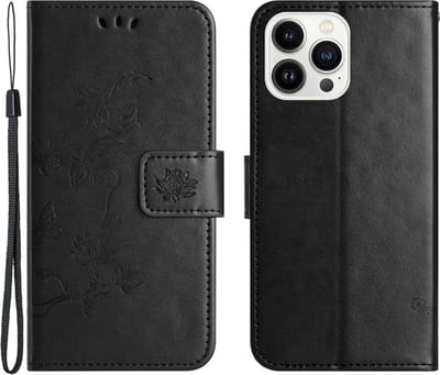 Coverup Hoesje - Geschikt voor iPhone 15 Pro Max Hoesje - Coverup Bloemen & Vlinders Book Case - Zwart