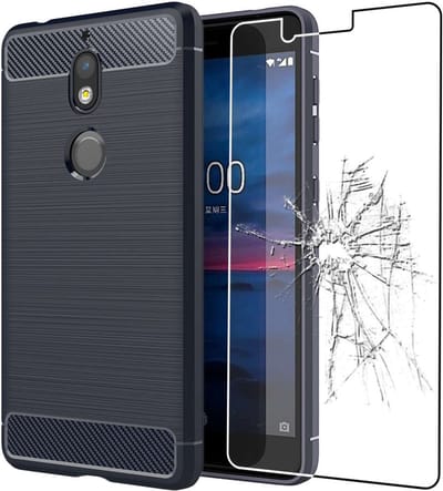 ebestStar - Hoes geschikt voor Nokia Nokia 7, TPU Bescherming Cover, Koolstof Design Hoesje, Donkerblauw + Gehard Glas