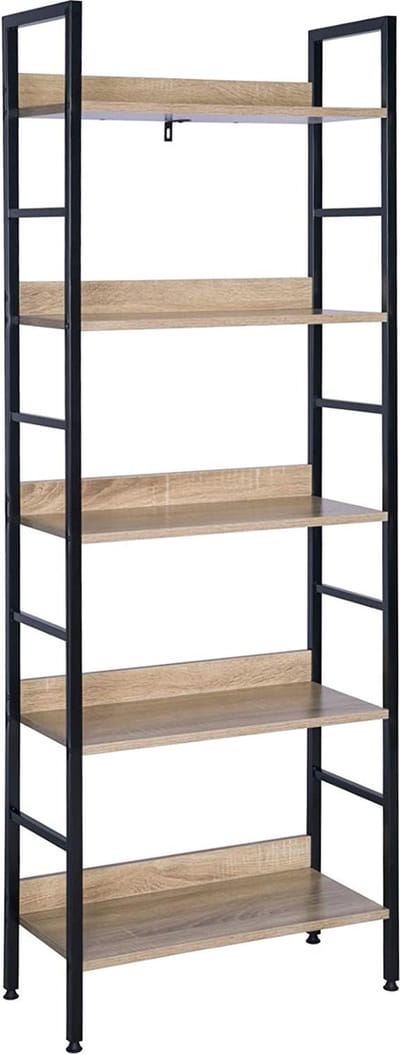 Furnibella - RGB9303she Metalen plank 5 Tier 60x27,5x160cm,opbergplank keuken boekenkast Stijl Industriële,Zwart+Lichteiken