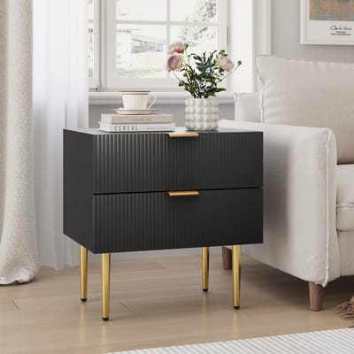 OKWISH Nachtkastje – Met 2 Laden – Geribbeld Frontdesign – Voor Slaapkamer Of Woonkamer – MDF En Metaal Zwart – 53 x 41,5 cm