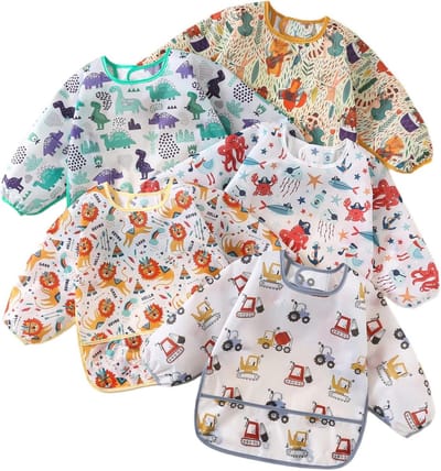 Set van 5 Lange Mouw Slabbetjes voor Baby's, Waterdicht en Wasbaar, Ideaal voor Eten en Knutselen