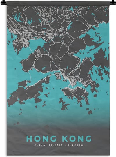 Wandkleed - Wanddoek - Hong Kong - Stadskaart - Plattegrond - Kaart - Blauw - 120x180 cm - Wandtapijt