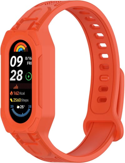 Stravo Beschermende Siliconen Horlogeband – Geschikt voor Xiaomi Smart Band 10 / 9 / 8 / 7 / 6 / 5 – Zachte Siliconen Bandje met Geïntegreerde Beschermhoes – 2-in-1 Bescherming & Comfort - Oranje - Voor Xiaomi Mi Band 5 / 6 / 7 / 8 / 9 / 10